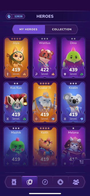 A mobile app screen titled 'HEROES' displaying a 'MY HEROES' collection tab with various character cards (Alya, Wontus, Dino, Kus Kus, Kaolor III, Koalin, Mazhik, Keith, Melona) showing levels like 419 and 422.