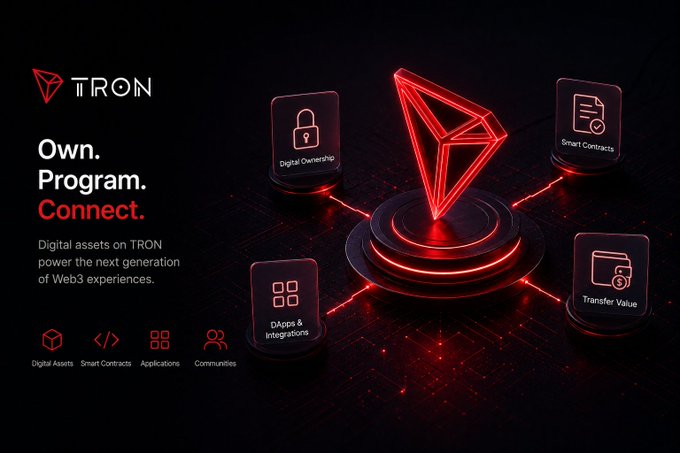 A promotional graphic for the TRON blockchain featuring a glowing red diamond logo with connected features including 'Digital Ownership', 'Smart Contracts', 'Transfer Value', and 'DApps & Integrations', alongside the tagline 'Own. Program. Connect.'