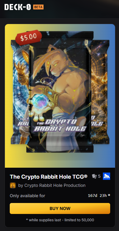A Deck-O Beta app listing for 'The Crypto Rabbit Hole TCG' priced at $5.00 by Crypto Rabbit Hole Production, featuring artwork of an anime-style rabbit character, available for 167d 23h with a 'Buy Now' button.