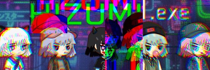 A glitch-style digital artwork with multiple anime-style character faces in vibrant, distorted colors, overlaid with the large green text 'HIZUMI.exe' against a dark tech-themed background.