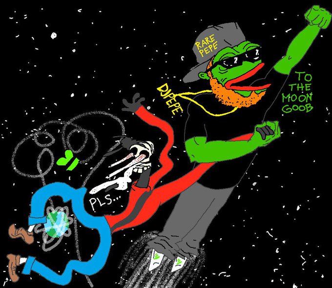 A crude digital drawing shows a Pepe the Frog character labeled 'RARE PEPE' flying through space with a Bitcoin logo, with a snake-like figure below begging 'PLS...', and text reading 'TO THE MOON GOOB'.