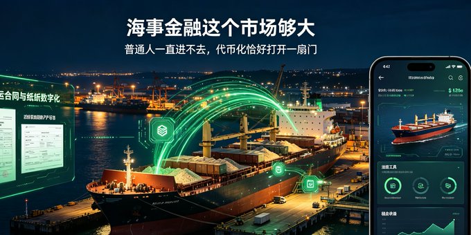 The image showcases a port with cargo ships at night alongside a smartphone displaying a 3D ship model in what appears to be a tokenization app, with Chinese text "海事金融这个市场够大 普通人一直进不去， 代币化恰好打开一扇门" (The maritime finance market is large enough, but ordinary people have never been able to enter—tokenization just happens to open a door). 

The image illustrates the accompanying post about @EthraShip's approach to maritime finance tokenization, showing how digital platforms and ship-asset tokenization can bridge traditional shipping industries with accessible crypto-based investment opportunities.