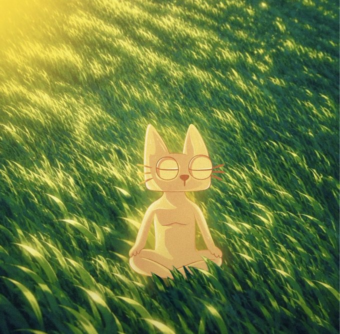 An animated illustration of a cat character with glasses meditating in a lotus position on a field of grass bathed in sunlight.