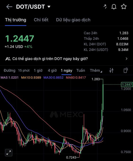 A MEXC trading chart for the "DOT/USDT" pair shows a current price of 1.2447 USDT with a +4% gain, displaying 24-hour high/low values and candlestick patterns.