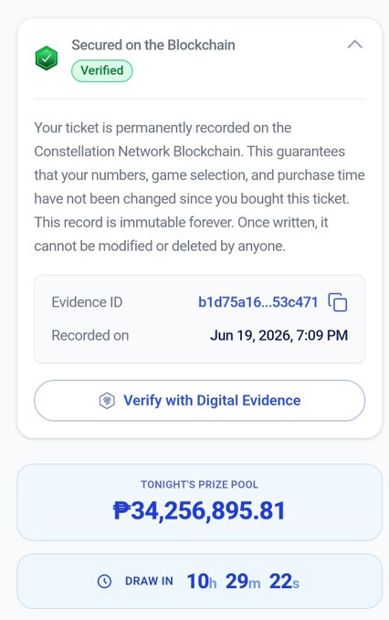 "Real ticket. Real Evidence ID on Constellation today. Immutable record. More tickets = more fingerprints = more snapshots = more utility. Flywheel turning."