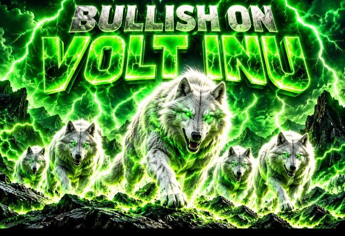A vibrant digital artwork titled "BULLISH ON VOLT INU" featuring a pack of white wolves with glowing green eyes charging forward amidst green lightning.