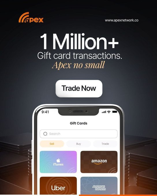An advertisement for the Apex Network showing a smartphone displaying gift card options (iTunes, Amazon, Uber, American Express) with the text '1 Million+ Gift card transactions. Apex no small' and a 'Trade Now' button.