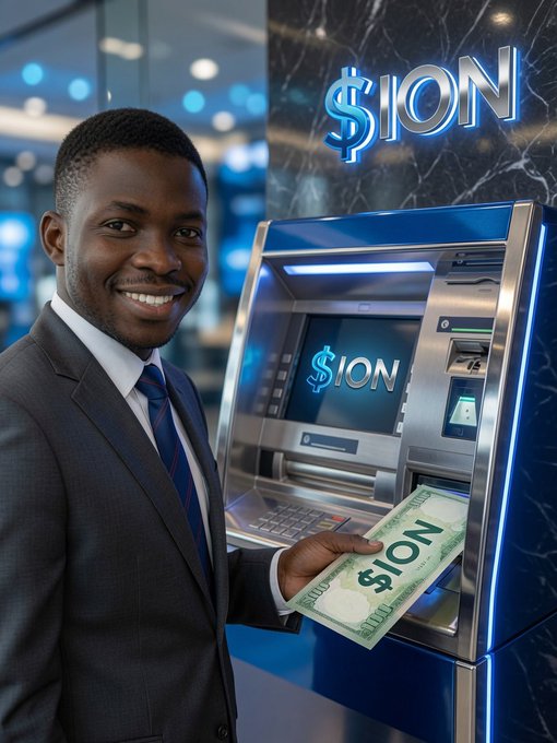 A smiling man in a suit holds cash branded with the "$ION" logo next to an ATM displaying the same branding, visually reinforcing the post's message of $ION's tangible utility in building a sustainable crypto economy with real-world functionality.