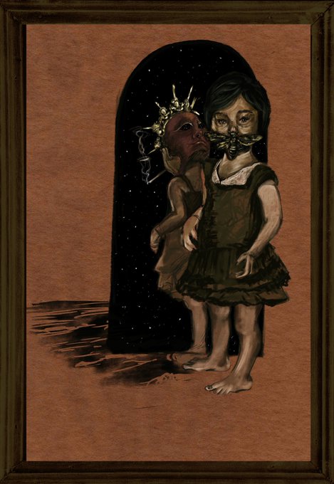 A dark, surreal painting in a wooden frame depicts two unsettling figures against a starry black void, with a young girl in a green dress being embraced by a monstrous, elven-like creature wearing a crown of twigs.