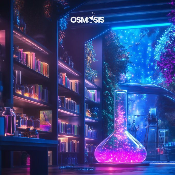 The image shows a glowing neon-lit laboratory featuring a central flask filled with sparkling pink and purple liquid, surrounded by bookshelves with colorful bottles, lush greenery, and the "OSMOSIS" logo at the top. The chemistry/laboratory aesthetic symbolizes Osmosis DEX's focus on transparent, formulaic decentralized exchange processes—reinforcing the post's claim of a DEX that genuinely delivers on its promises through clear, scientific execution.