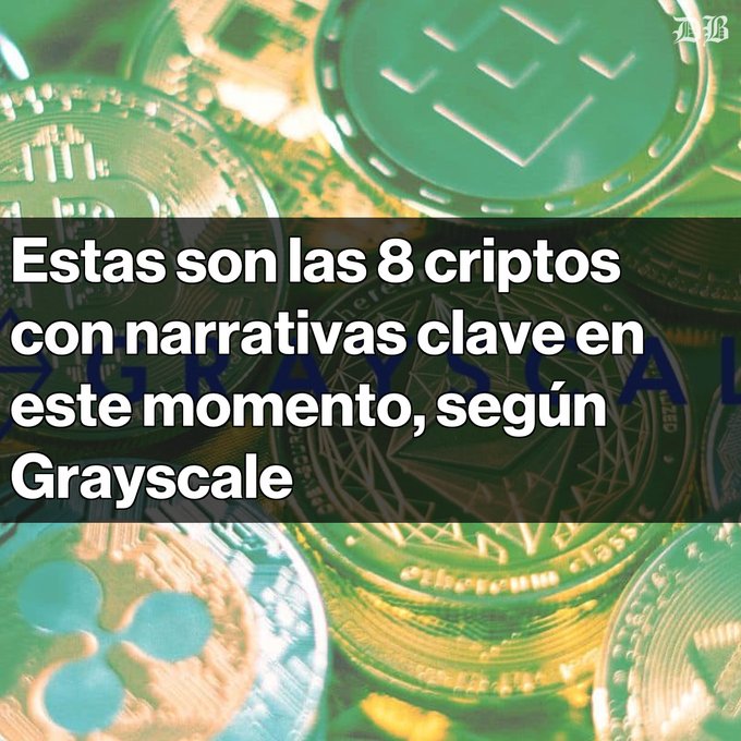 An image of stacked cryptocurrency coins overlaid with text in Spanish: 'Estas son las 8 criptos con narrativas clave en este momento, según Grayscale' (These are the 8 cryptos with key narratives right now, according to Grayscale).