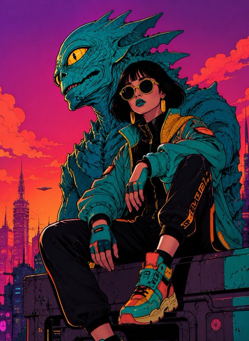 An illustrated cyberpunk-style image features a woman with dark hair, round sunglasses, and a teal jacket sitting beside a large teal dragon-like creature against a pink and orange sunset cityscape.