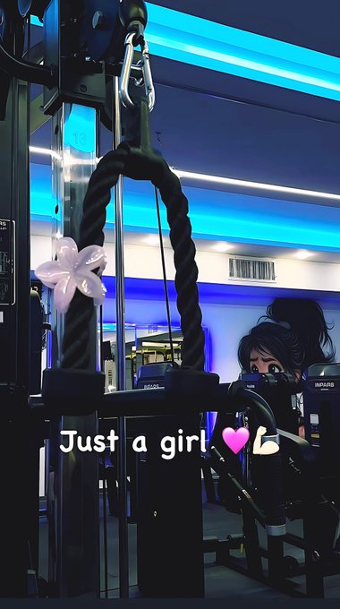 A girl uses a tricep rope attachment on a cable machine in a gym with blue neon lighting, with the text 'Just a girl 💪💖' overlaid on the image.