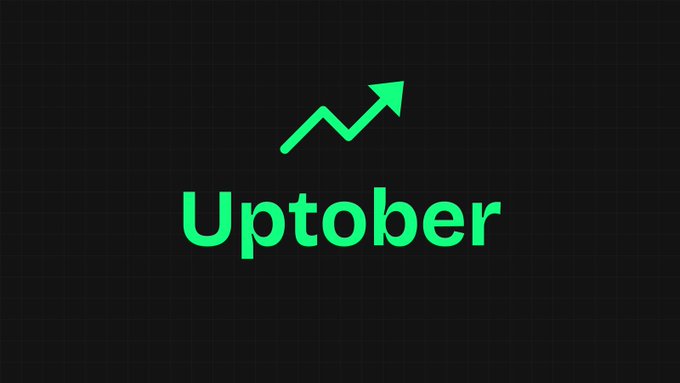 A minimalist logo graphic for 'Uptober' featuring green text and an upward-trending zigzag arrow with an arrowhead on a dark grid background, referencing the crypto market's bullish October trend.