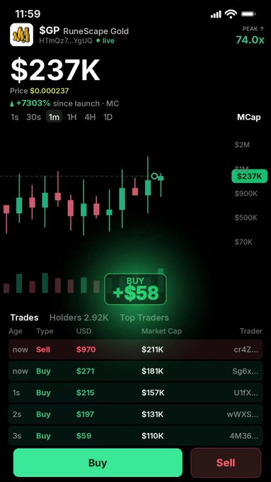 A cryptocurrency trading app screenshot showing the $GP RuneScape Gold token priced at $237K, with a market cap chart, recent trades, and buy/sell options.