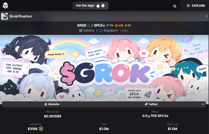A cryptocurrency tracking page for the token $GROK on the Solana network (SPCXx), paired on Raydium CPMM, showing a price of $0.001089 and a $1.0M market cap, branded as 'Grokification'.