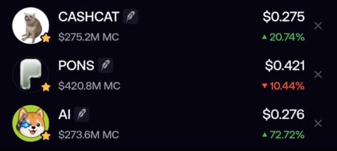 Cryptocurrency listing showing CASHCAT at $0.275 (+20.74%, $275.2M MC), PONS at $0.421 (+10.44%, $420.8M MC), and AI at $0.276 (+72.72%, $273.6M MC).