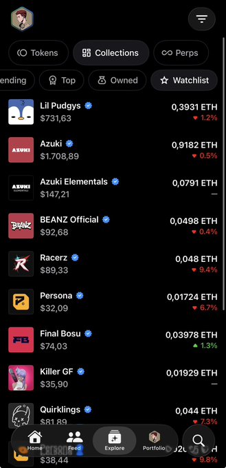 A mobile app interface showing an NFT watchlist with collections including Lil Pudgys, Azuki, Azuki Elementals, BEANZ Official, Racers, and Persona, along with their ETH prices.