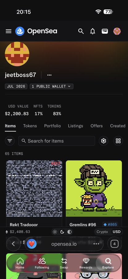 A mobile screenshot of an OpenSea profile page for user 'jeetboss67' displaying NFT collections like 'Rekt Tradooor' and 'Gremlins #96'.