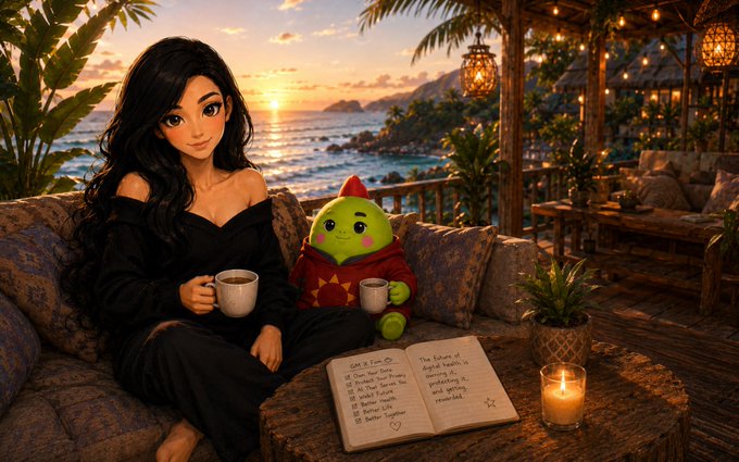 An anime-style illustration shows a girl with long black hair and a small green creature in a red outfit sitting on a couch with coffee, an open book, and a candle by the ocean at sunset.