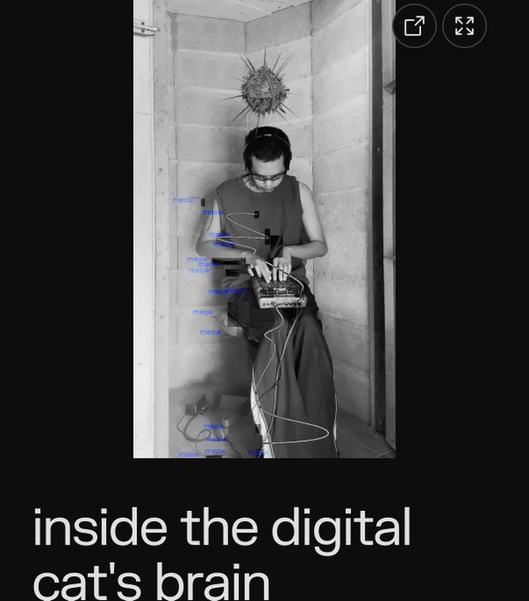 The image shows a black-and-white photo of a person working with electronic equipment and cables in a concrete-walled space, overlaid with digital annotations resembling AI-generated body part labels (e.g., "meow", "meow"), accompanied by the caption "inside the digital cat's brain," humorously tying together the cyberpunk aesthetic with the post's mention of @manifoldxyz, likely referencing a digital/tech-themed video.