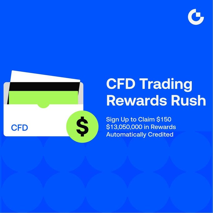 A promotional graphic on a blue background featuring a CFD card with a green dollar sign coin, advertising a "CFD Trading Rewards Rush" with $150 sign-up bonus and $13,050,000 in rewards automatically credited, matching the post's details about claiming USDx bonuses through registration, daily check-ins, and tiered rewards.