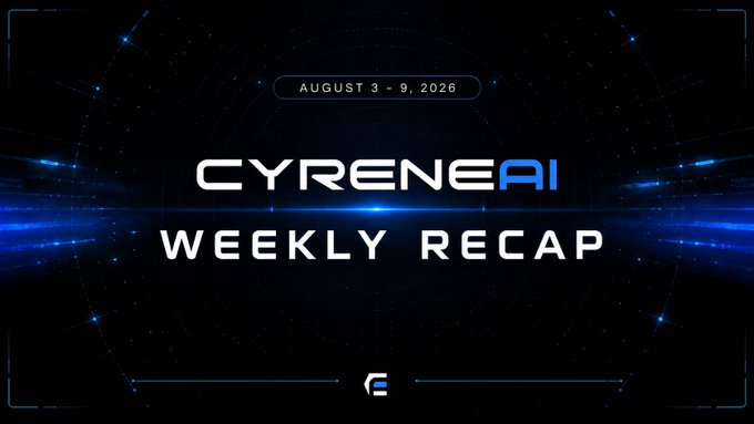 The image is a "CYRENE AI WEEKLY RECAP" banner dated August 3-9, 2026, featuring a sleek blue and black futuristic design with glowing light effects. It serves as a visual header accompanying the post's summary of Cyrene AI's weekly ecosystem updates, including a featured segment on their "Future Rights" concept for founders.