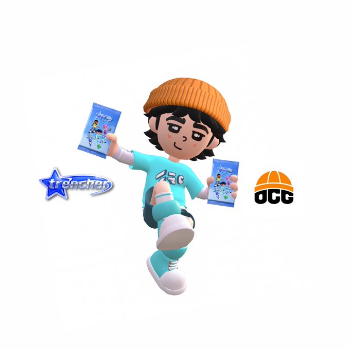 A 3D rendered cartoon character wearing an orange beanie and teal outfit holding two blue booster packs, with logos for 'trencher' and 'OCG' floating nearby on a white background.