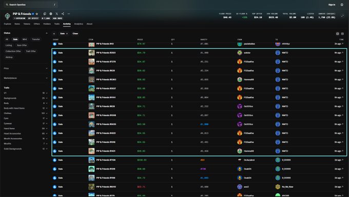 A dark-themed sports betting dashboard called "PIP & Friends" displays MLB market data, including team names like Atlanta, Pittsburgh, Chicago Cubs, Toronto, and Oakland, along with figures such as $48.40 and -103.