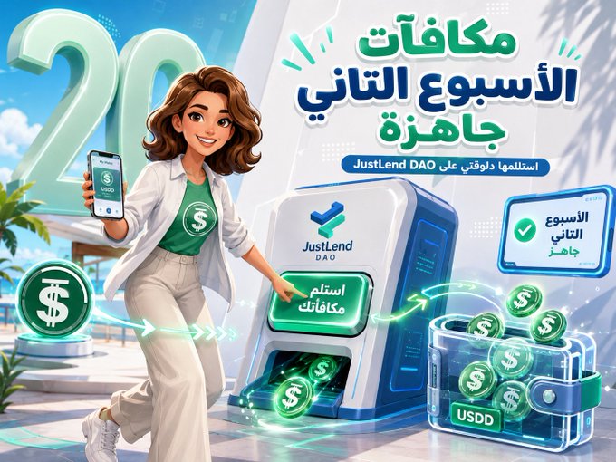 The image is a promotional graphic for JustLend DAO's USDD 2.0 Supply Mining program, featuring a cheerful woman holding a smartphone displaying USDD while standing next to a "JustLend DAO" machine labeled "استلم مكافآتك" (Claim your rewards), with a treasure chest overflowing with USDD coins and a checkmark confirmation badge reading "الأسبوع الثاني جاهز" (Week 2 is ready). The visual reinforces the accompanying post's reminder for Phase 20 participants that their Week 2 rewards are now available to claim.