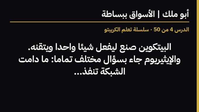 An Arabic text slide for a crypto education course by "أبو مالك الأَسْوَاق" (Abu Malik Al-Aswaq) introduces Lesson 4 of 50, discussing Bitcoin mining, Ethereum, and different consensus mechanisms.