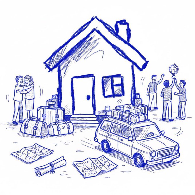 A blue sketch depicts a family moving into a house, with a couple embracing on the left, a car packed with luggage, and three figures on the right playing with a globe.