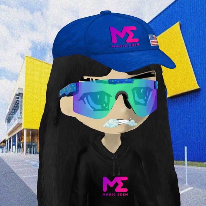 A cartoon-style avatar with long black hair wears a blue Magic Eden cap and matching black hoodie, both featuring the pink "ME" logo, along with iridescent shades, set against a bold blue and yellow building. The image directly promotes the Magic Eden brand as part of a branded NFT avatar look likely tied to the @retardioclassic collection mentioned in the post.