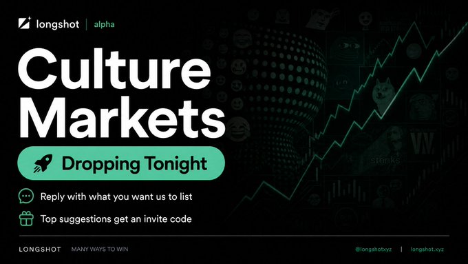 A promotional graphic for 'longshot alpha' advertising 'Culture Markets Dropping Tonight,' featuring an upward trending green chart line on a dark background.