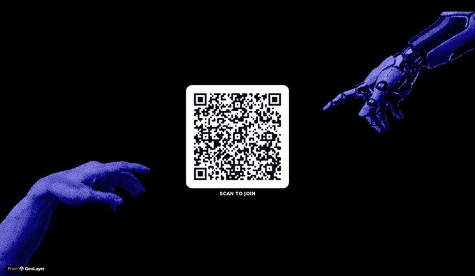 A QR code on a black background with the text 'SCAN TO JOIN', flanked by two blue stylized hands—one robotic and one human—credited to GenLayer.