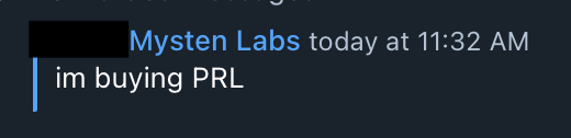 A dark screenshot of a post shows “Mysten Labs today at 11:32 AM” and the message “im buying PRL.”