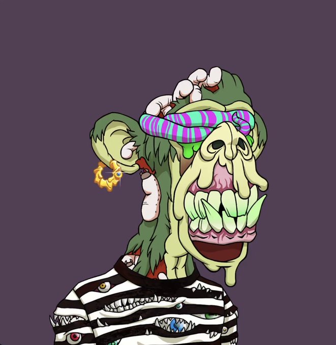 A cartoon illustration of a grotesque zombie-like character with green skin, sharp teeth, worms crawling on its head, a striped purple and green blindfold, gold hoop earring, and a black and white striped shirt with monster faces, set against a dark purple background.