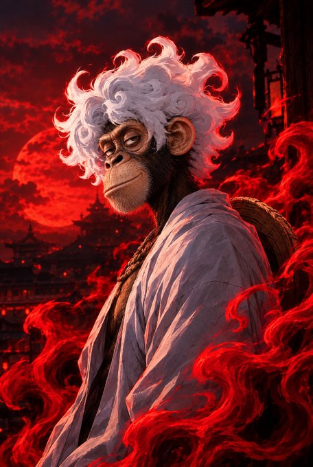 Digital artwork depicting a wise monkey with white hair wearing a robe, set against a dramatic red sky with Japanese-style architecture in the background.