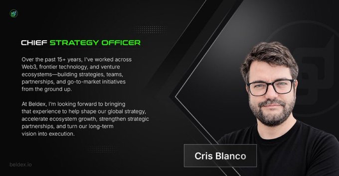 A profile slide introducing Cris Blanco as Chief Strategy Officer at Beldex (beldex.io), highlighting his 15+ years of experience in Web3, frontier technology, and venture ecosystems.