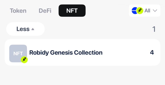 A cryptocurrency wallet interface displaying the NFT tab with a Robidy Genesis Collection NFT listed.