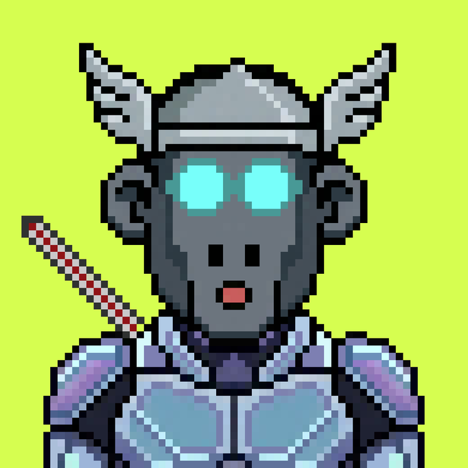 A pixel art portrait of a gray, humanoid figure with glowing blue eyes, metallic horns, and purple and blue armor against a bright green background.