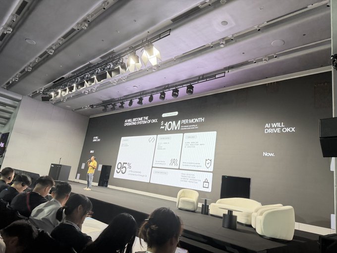 A photograph taken from the audience at an OKX corporate event, showing a presenter on stage in front of a large screen displaying 'AI WILL BECOME THE OPERATING SYSTEM OF OKX' and '<$10M PER MONTH.'