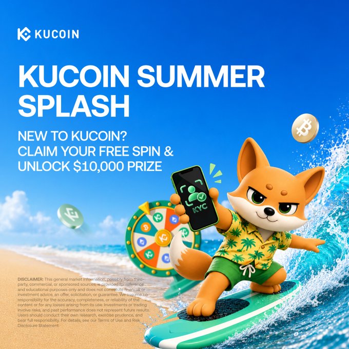 A KuCoin promotional banner features a cartoon fox mascot in a Hawaiian shirt surfing on a wave, holding a phone displaying a lucky wheel alongside a Bitcoin coin. The ad reads "KUCOIN SUMMER SPLASH" and "NEW TO KUCOIN? CLAIM YOUR FREE SPIN & UNLOCK $10,000 PRIZE," promoting a giveaway where new users who sign up and make their first trade can spin a lucky wheel for a chance to win prizes, aligning with the accompanying post's call to action.