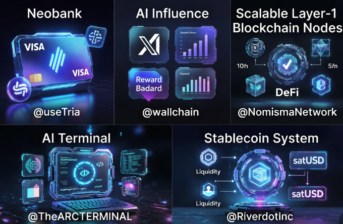 The image consists of several different logos for companies related to Web3 projects, including @useTria, Al Terminal, AI terminals, and @wallchain. The purpose of these logos seems to be showcasing various aspects or services provided by these projects, such as multi-chain trading features, simplicity in handling multiple chains, and smart AI assistance for measuring real influence on X and other factors.