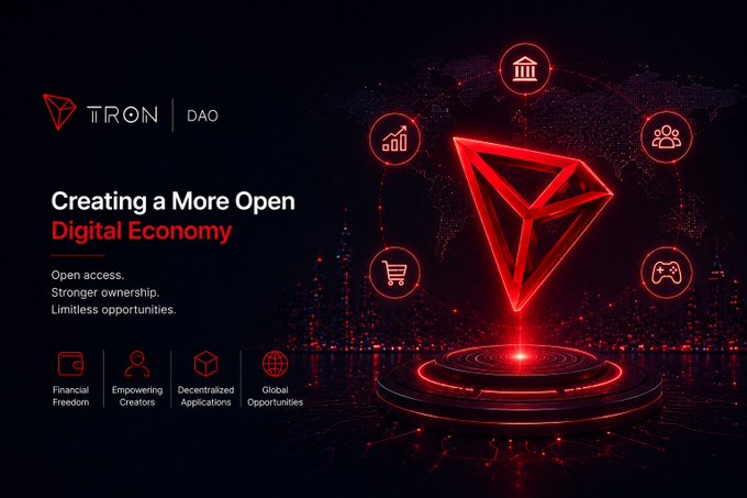 Promotional graphic for Tron DAO with the text 'Creating a More Open Digital Economy' and icons representing financial freedom, empowering creators, decentralized applications, and global opportunities.