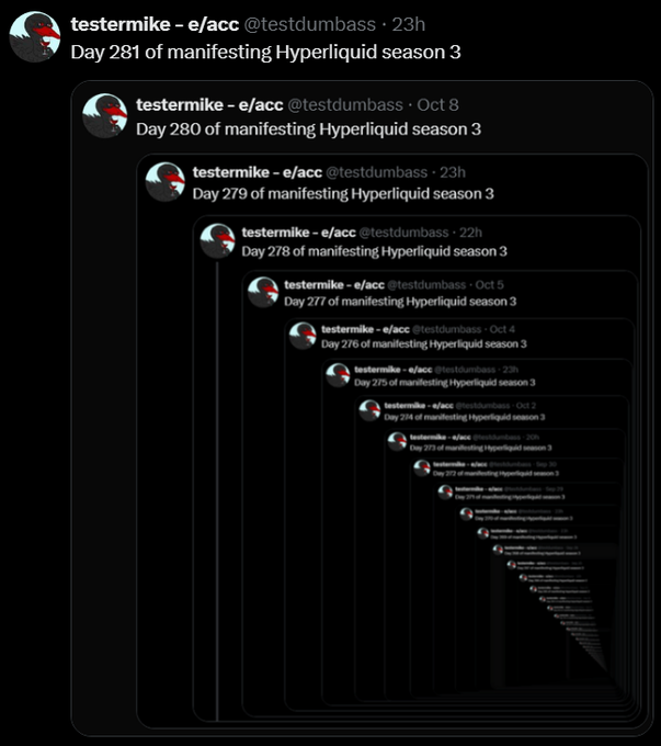 A nested Twitter screenshot from 'testermike - e/acc' (@testdumbass) showing a recursive cascade of 'Day X of manifesting Hyperliquid season 3' posts counting down from Day 281.