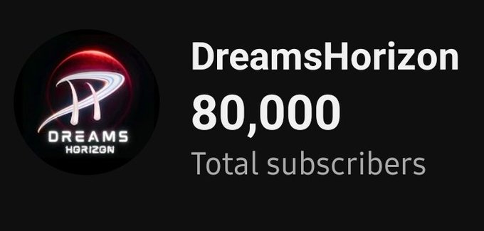 A digital banner displays "DreamsHorizon" with the text "80,000 Total subscribers" next to a circular logo featuring a stylized "DH" and the words "DREAMS HORIZON".