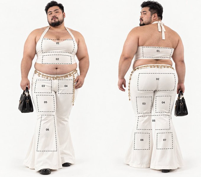 A model wears a white halter top and bell-bottom pants displaying 13 numbered advertising zones across both the front and back of the outfit, with spots labeled 01-07, showcasing available branding placement for sponsors of the Token 2049 Singapore event on October 8th.
