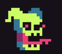 A pixel art image featuring a stylized skull-like character with bright yellow-green hair, a red tongue, and blue accents against a black background.