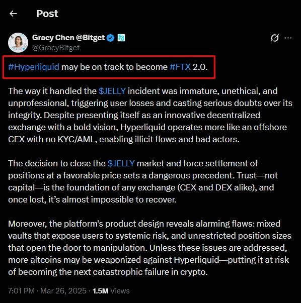 A tweet from Gracy Chen (@GracyBitget) on March 26, 2025, with 1.5M views, is highlighted showing the phrase "#Hyperliquid may be on track to become #FTX 2.0." The post critiques Hyperliquid's handling of the $JELLY incident, citing concerns about its integrity, lack of KYC/AML, and risky product design as reasons Bitget users should migrate to Hyperliquid to avoid potential fund loss.